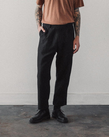 Evan Kinori Single Pleat Pant, Black Linen/Wool Twill