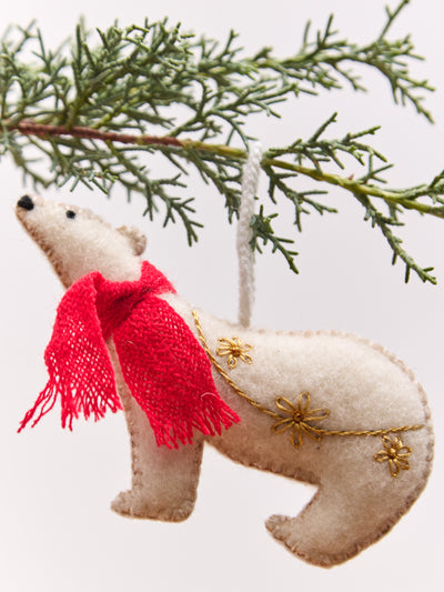 Polar Bear Embroidered Wool Christmas Ornament