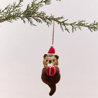 Otter with Santa Hat Felt Wool Christmas Ornament 