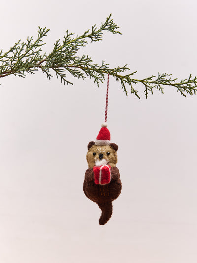 Otter with Santa Hat Felt Wool Christmas Ornament 