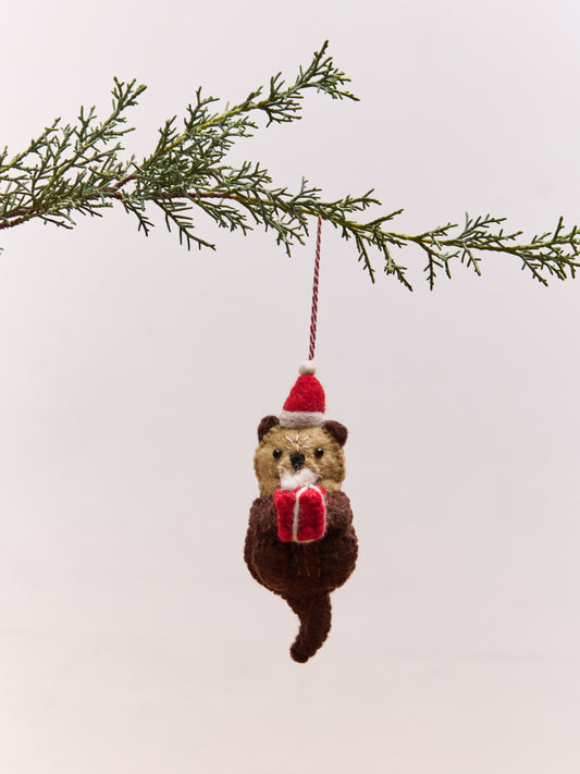 Otter with Santa Hat Felt Wool Christmas Ornament 