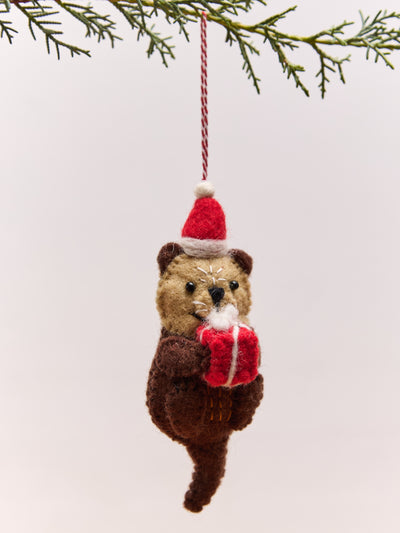 Otter with Santa Hat Felt Wool Christmas Ornament 