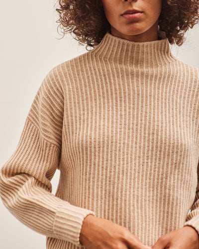 7115 Merino Striped Rib Mock-Neck, Beige