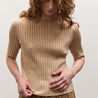 7115 Mid-Sleeves Ribbed Top, Tan