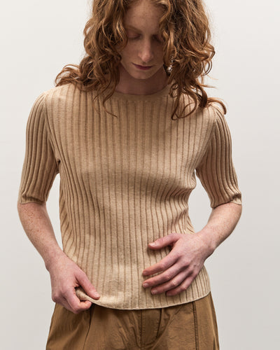 7115 Mid-Sleeves Ribbed Top, Tan