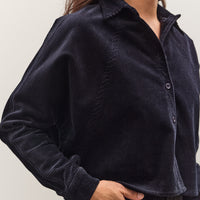 7115 by Szeki Corduroy 3/4 Cropped Shirt Jacket, Black