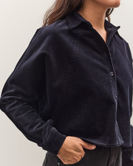 7115 by Szeki Corduroy 3/4 Cropped Shirt Jacket, Black