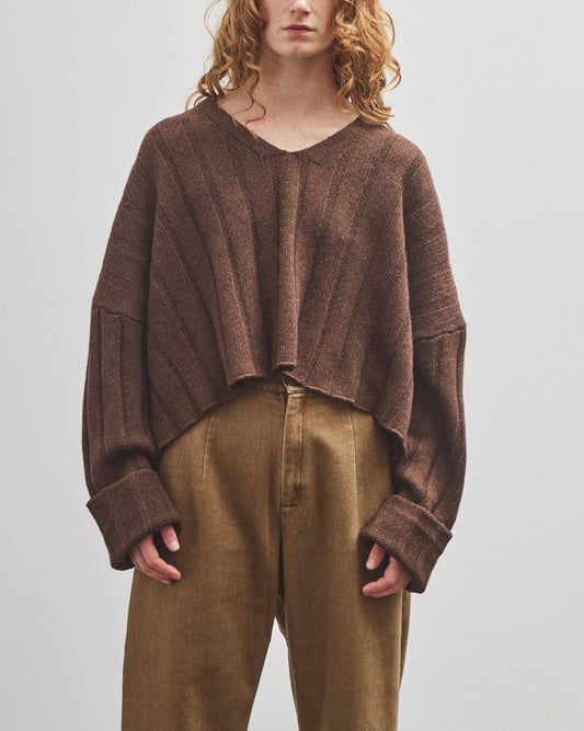 7115 by Szeki Oversized Ribbed V-Neck, Brown