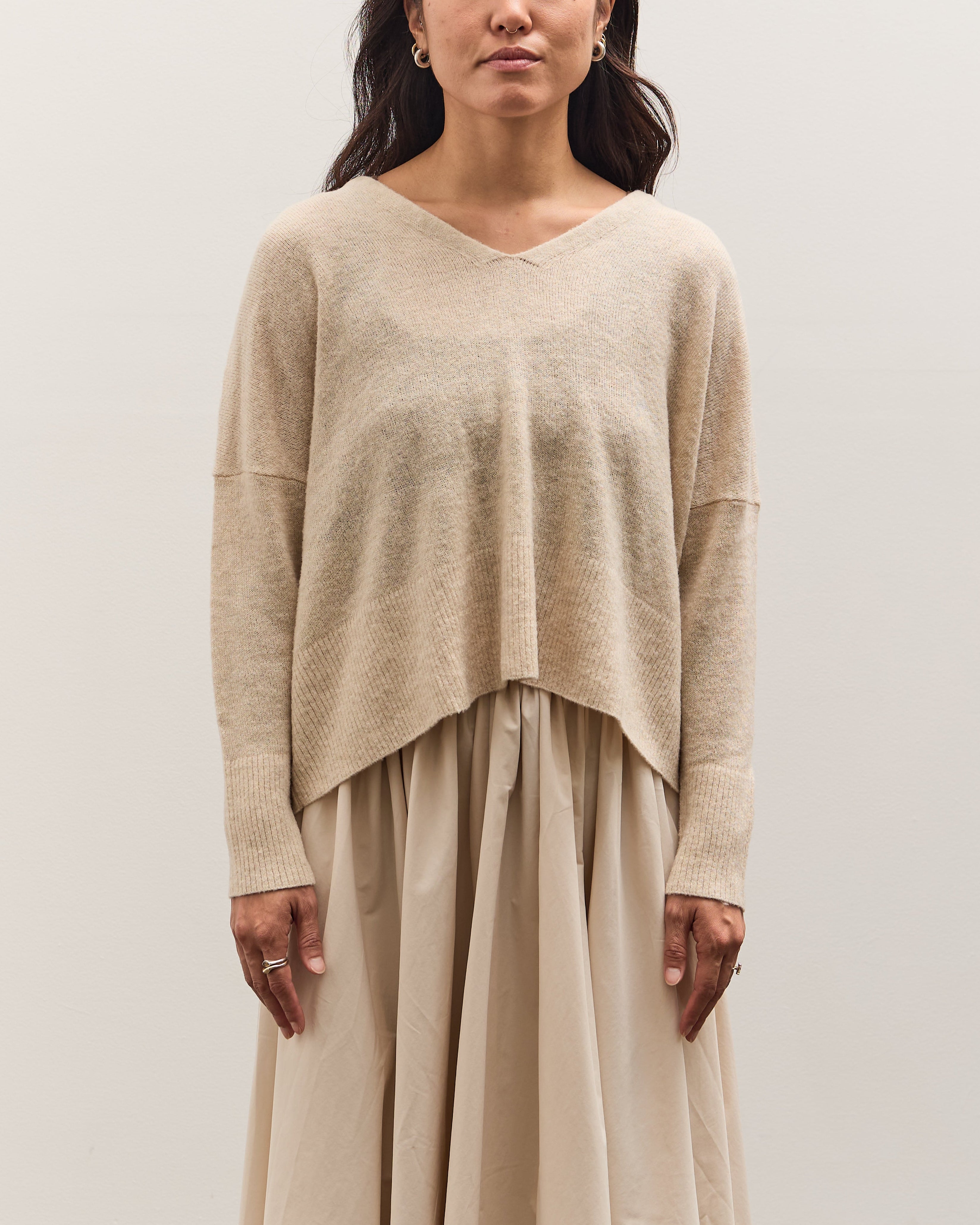 7115 by Szeki V-Neck Sweater, Sand Beige – Glasswing