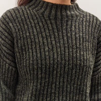 7115 by Szeki Striped Ribbed Mockneck, Gray Black
