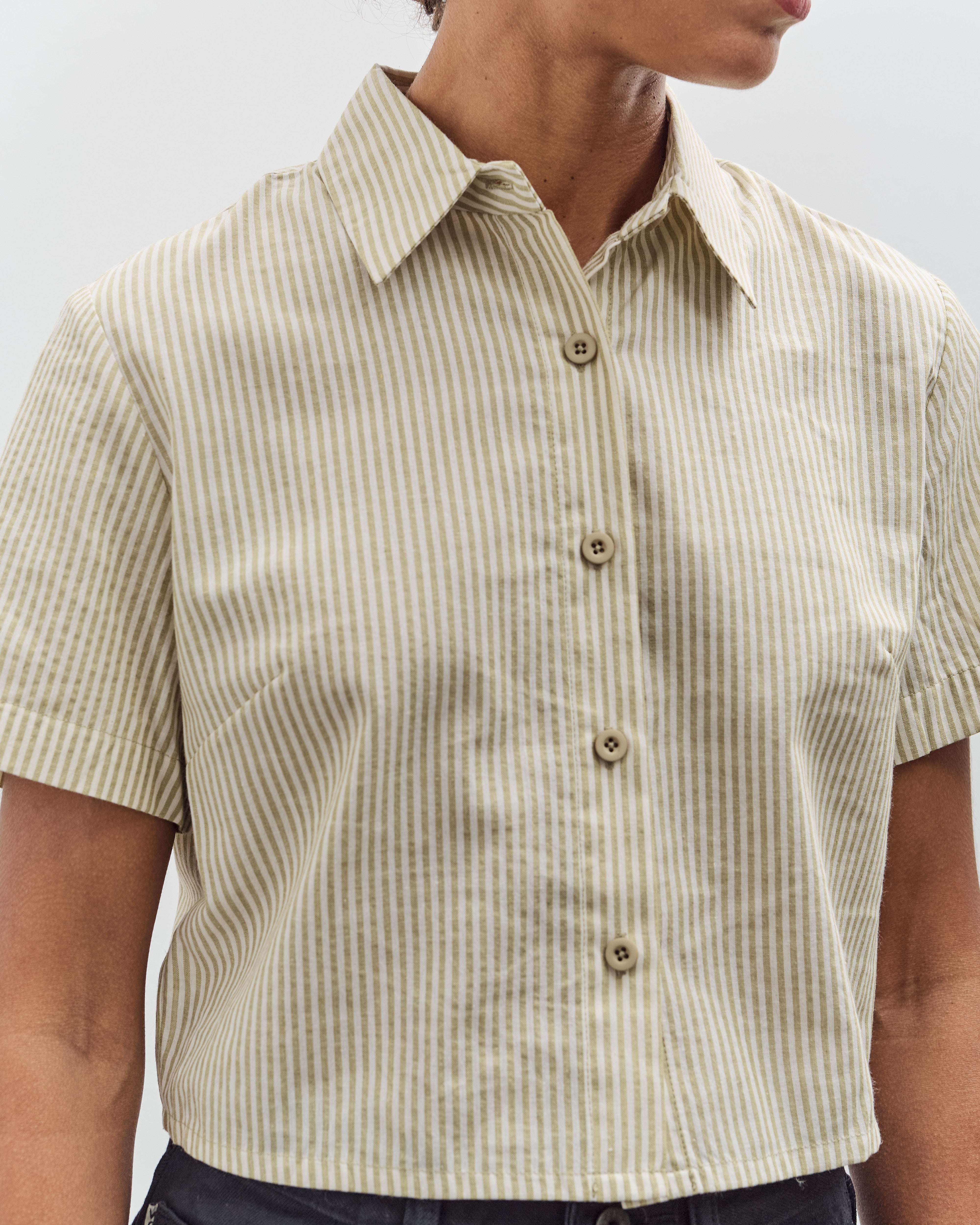 7115 by Szeki Striped Cropped Shirt, Mustard Stripes – Glasswing