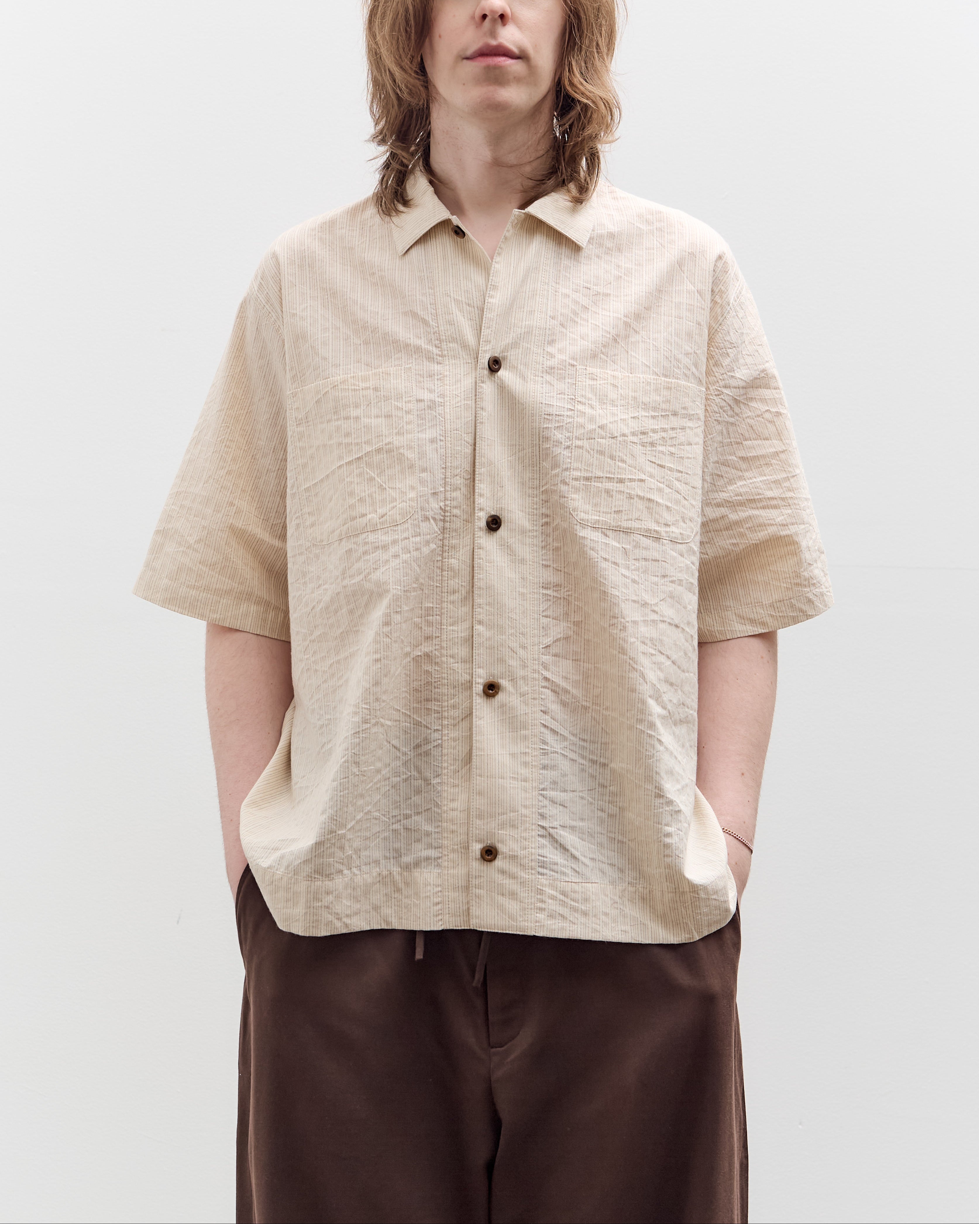 Aviva Jifei Xue Short Sleeve Boxy Shirt, Natural Red Navy Stripe