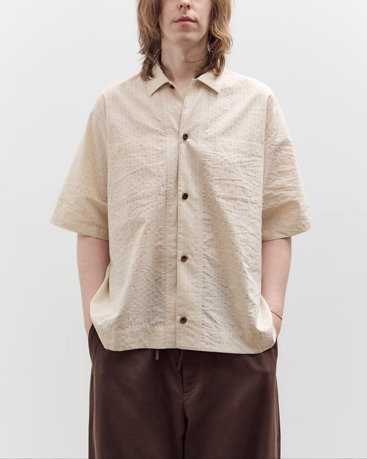 Aviva Jifei Xue Short Sleeve Boxy Shirt, Natural Red Navy Stripe