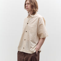 Aviva Jifei Xue Short Sleeve Boxy Shirt, Natural Red Navy Stripe