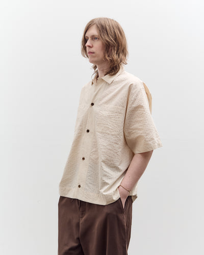 Aviva Jifei Xue Short Sleeve Boxy Shirt, Natural Red Navy Stripe