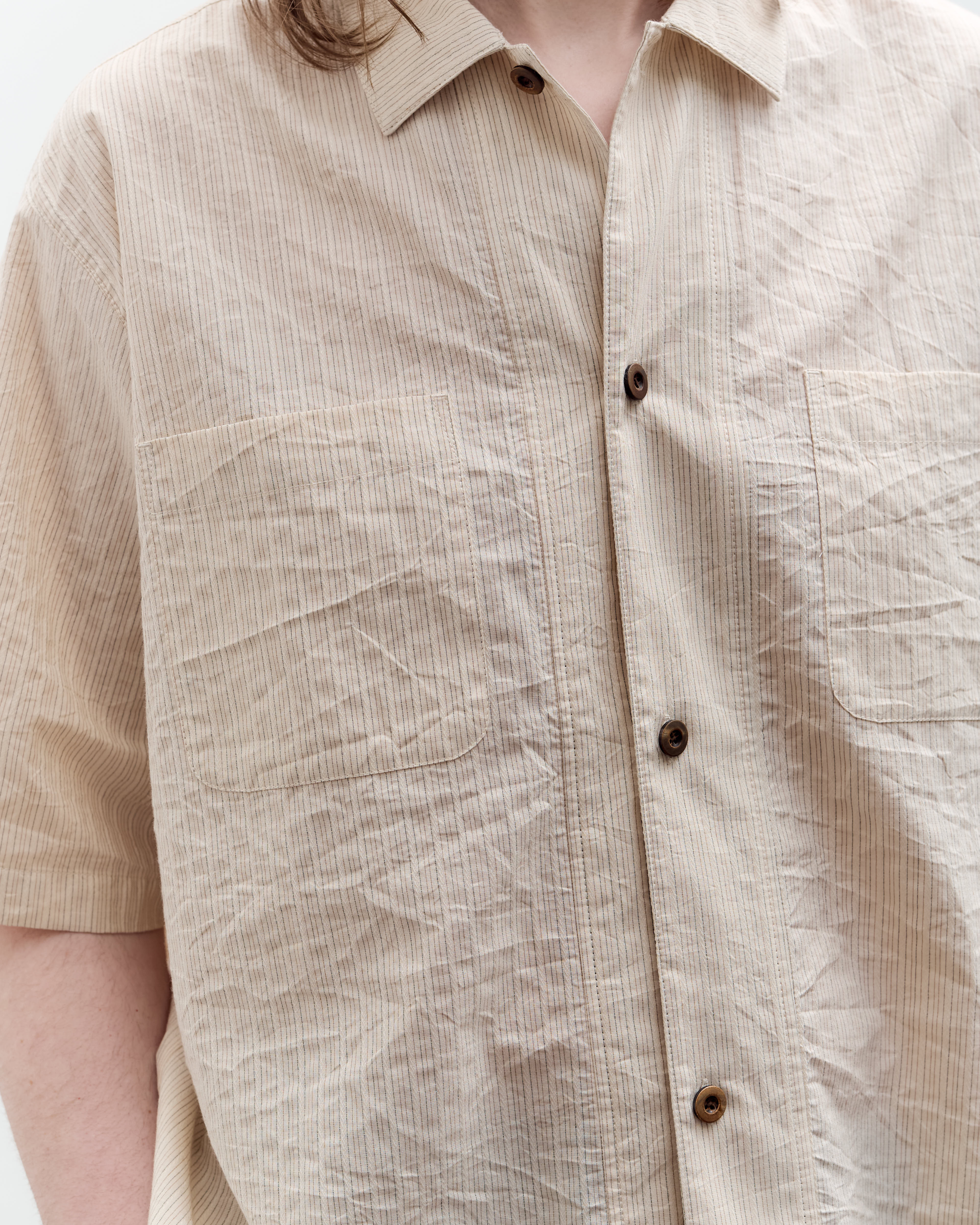 Aviva Jifei Xue Short Sleeve Boxy Shirt, Natural Red Navy Stripe