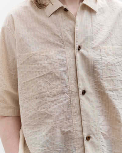 Aviva Jifei Xue Short Sleeve Boxy Shirt, Natural Red Navy Stripe
