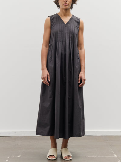 Black Crane Pleated V-Neck Dress, Black