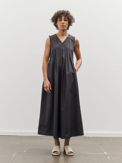Black Crane Pleated V-Neck Dress, Black
