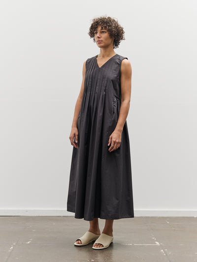 Black Crane Pleated V-Neck Dress, Black