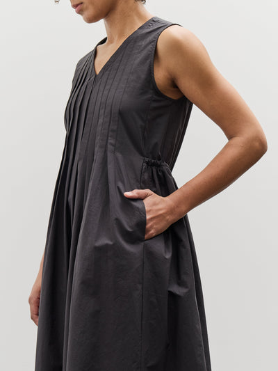 Black Crane Pleated V-Neck Dress, Black