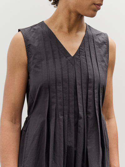 Black Crane Pleated V-Neck Dress, Black