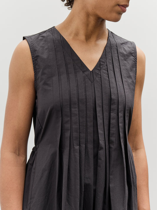 Black Crane Pleated V-Neck Dress, Black