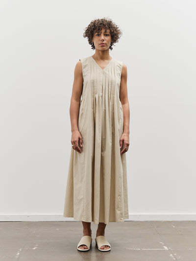 Black Crane Pleated V-Neck Dress, Oyster