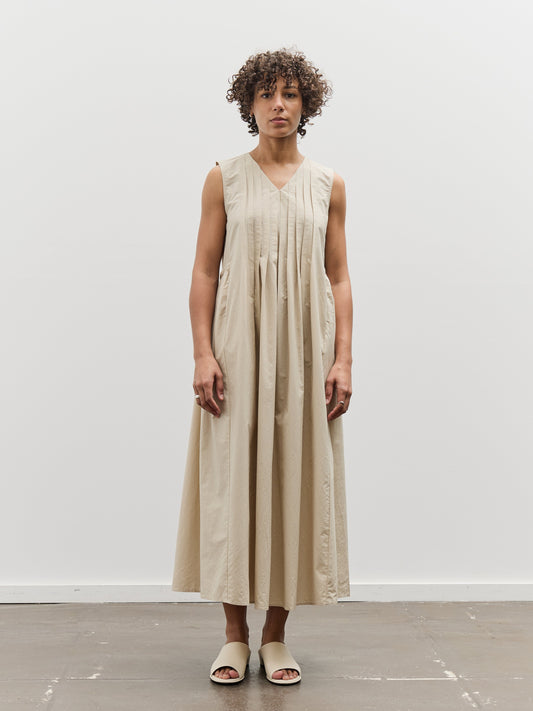 Black Crane Pleated V-Neck Dress, Oyster