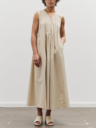 Black Crane Pleated V-Neck Dress, Oyster