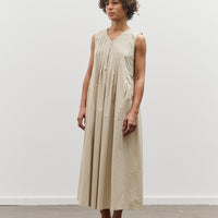 Black Crane Pleated V-Neck Dress, Oyster