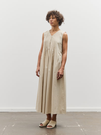 Black Crane Pleated V-Neck Dress, Oyster