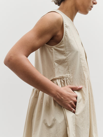 Black Crane Pleated V-Neck Dress, Oyster