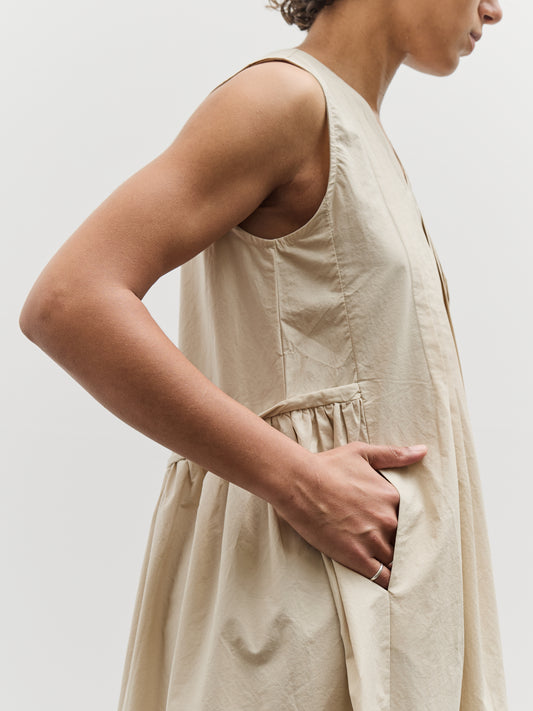 Black Crane Pleated V-Neck Dress, Oyster