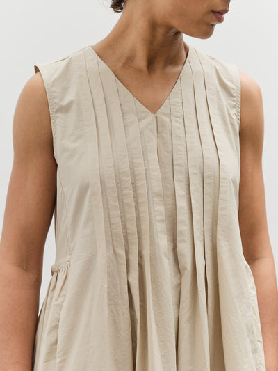 Black Crane Pleated V-Neck Dress, Oyster