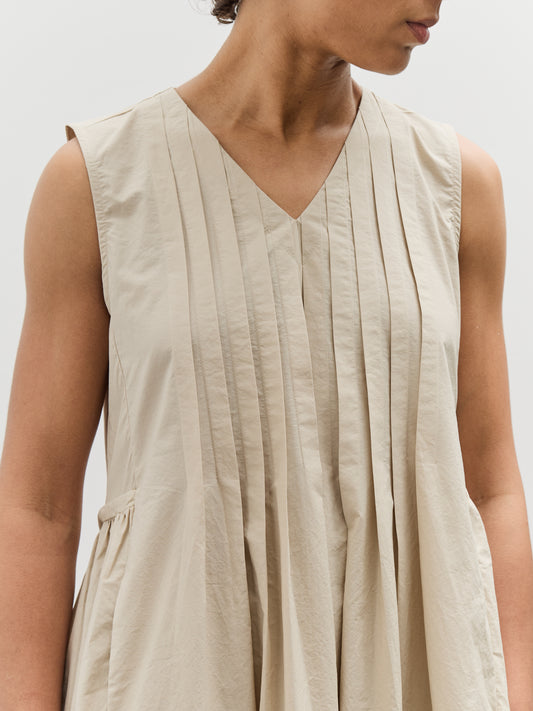 Black Crane Pleated V-Neck Dress, Oyster