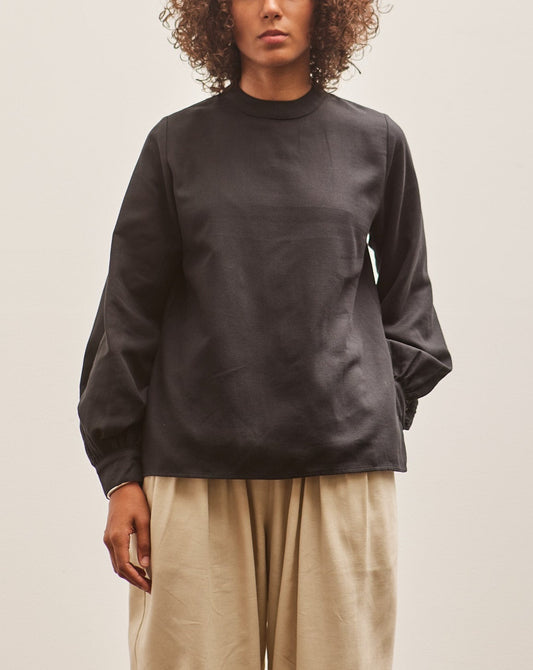 Puff Sleeve Round Neck Long Sleeve Blouse Black Crane Puff