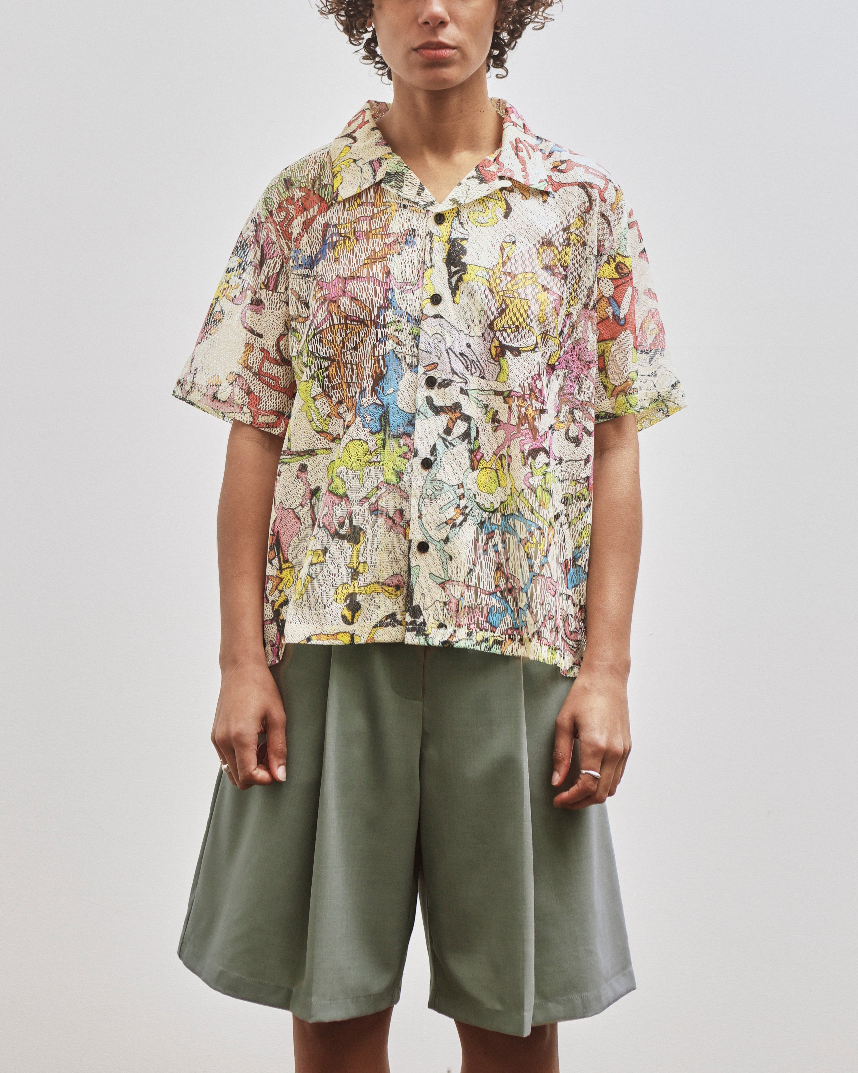 Brain Dead Stu Short Sleeve Button Up Shirt, Cream Multi