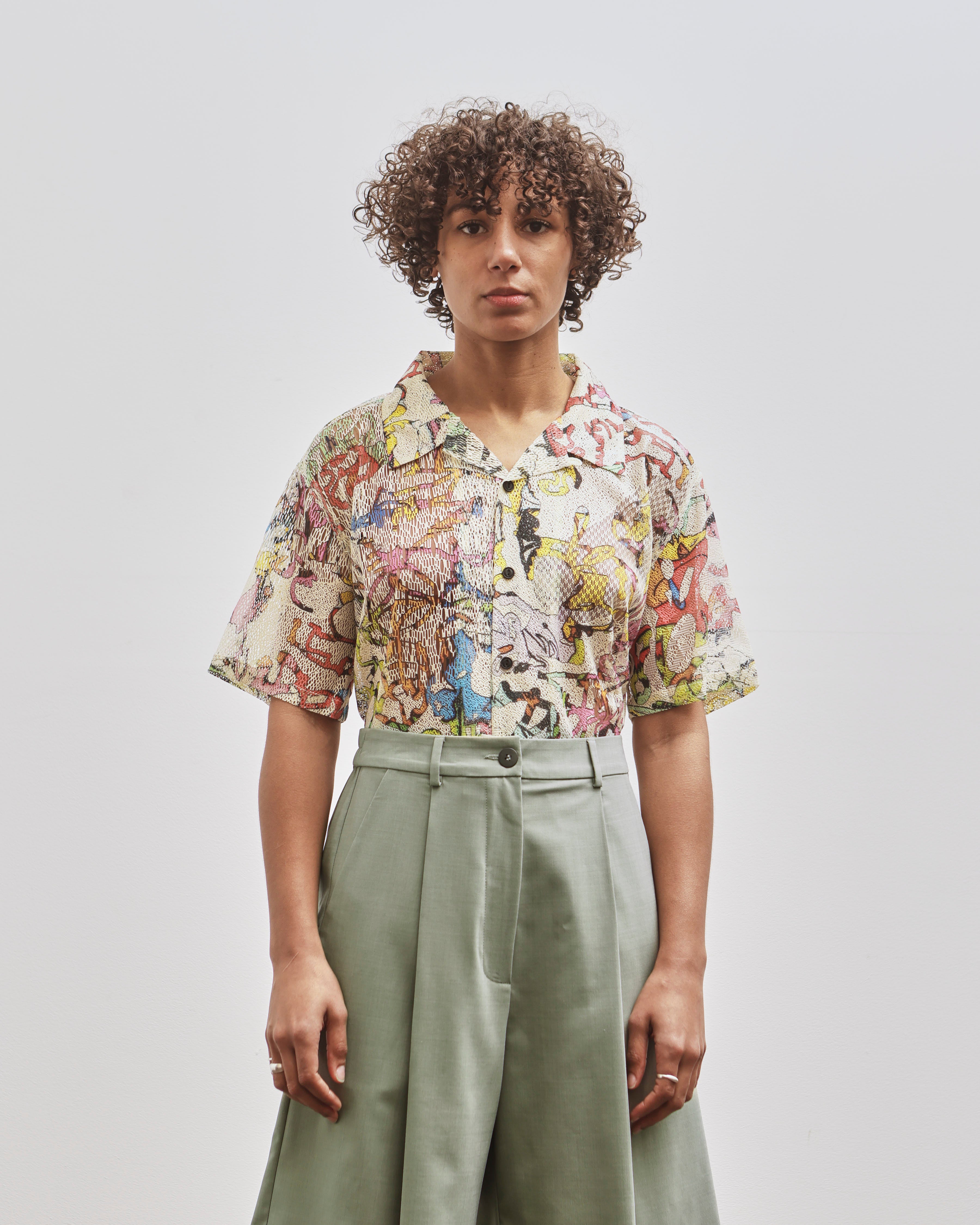 Brain Dead Stu Short Sleeve Button Up Shirt, Cream Multi