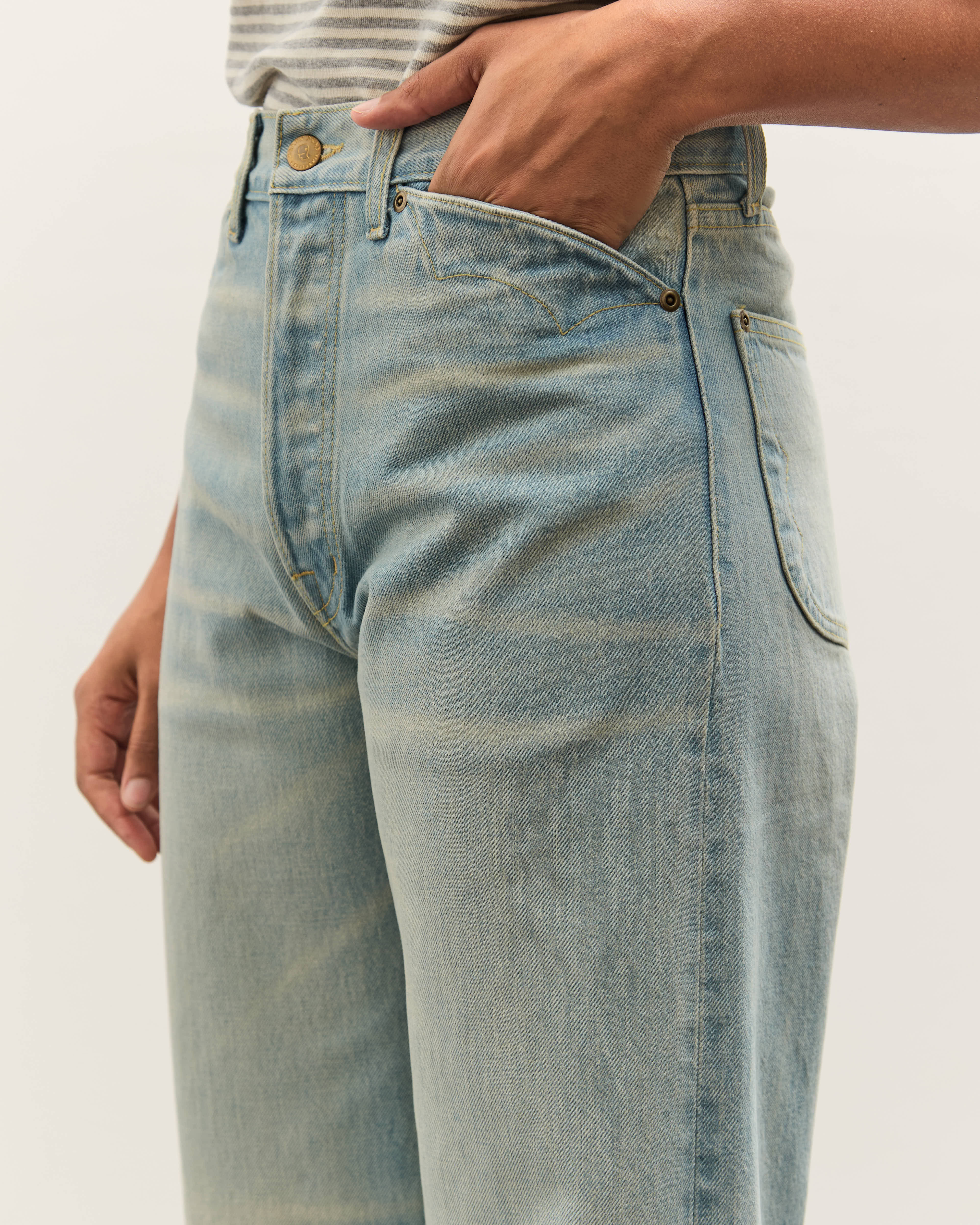 Brain Dead Type 00: 15 oz Denim, Light Washed Indigo – Glasswing