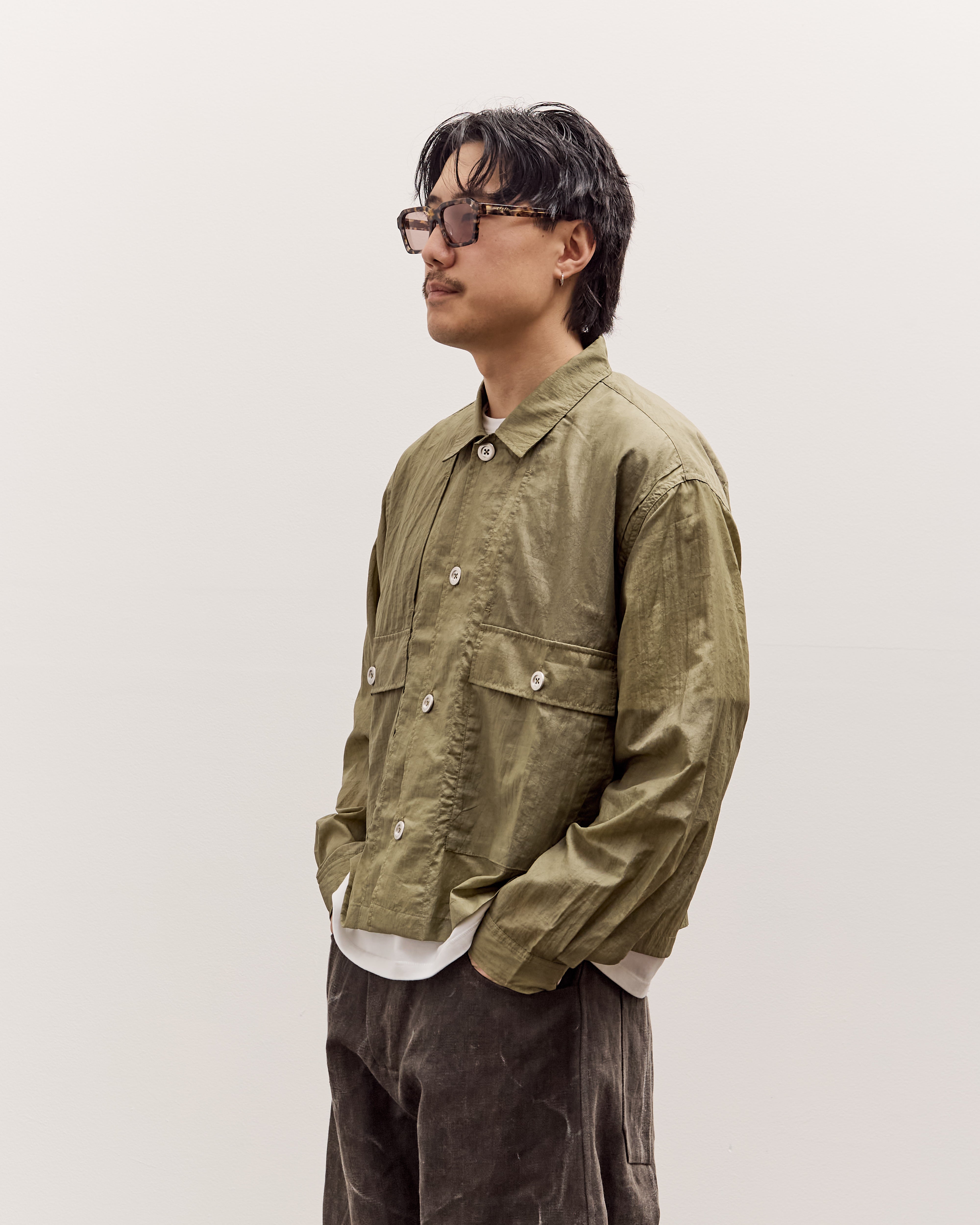 Brain Dead Cropped Nylon Button Up Shirt Unisex, Army – Glasswing