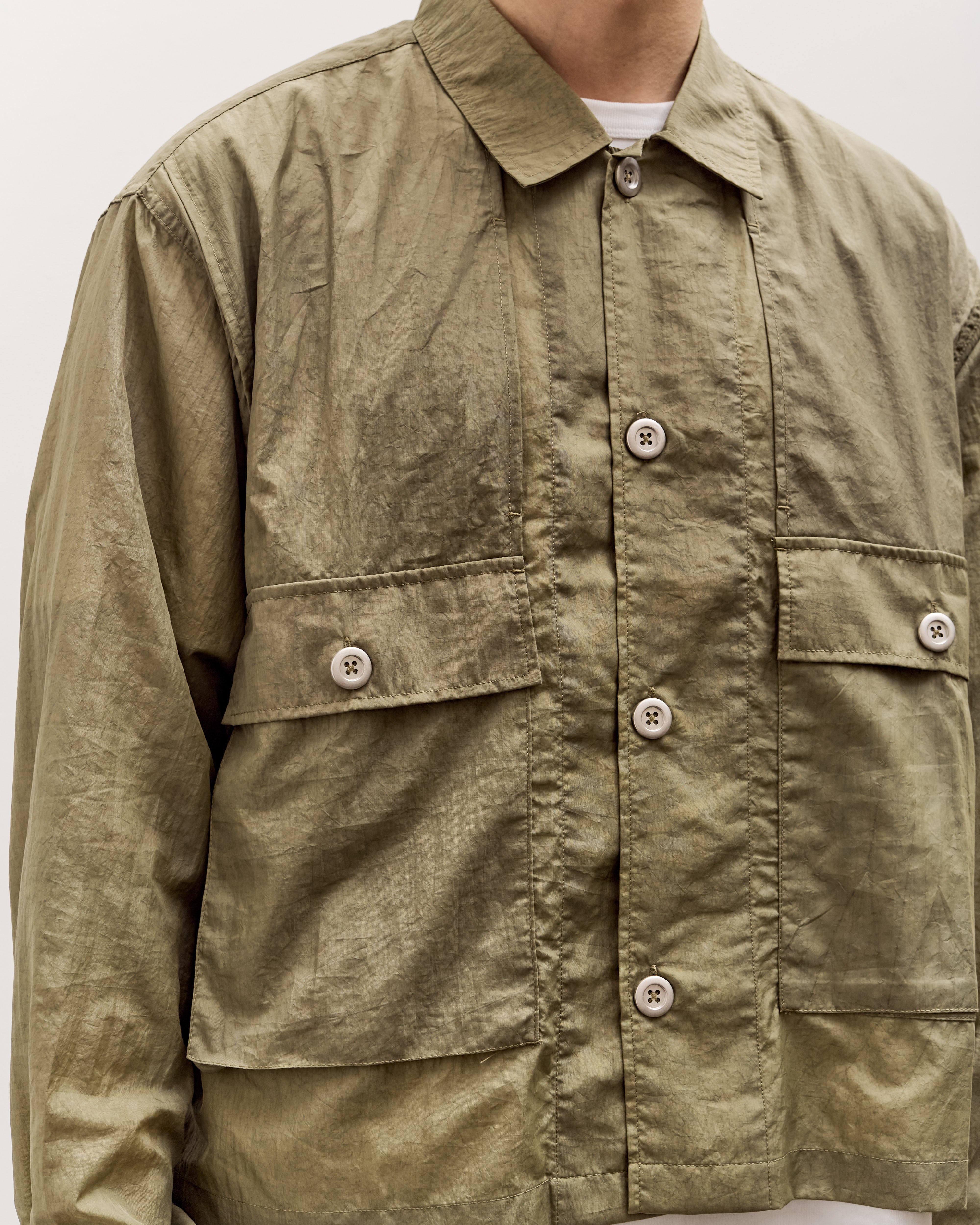 Brain Dead Cropped Nylon Button Up Shirt Unisex, Army – Glasswing