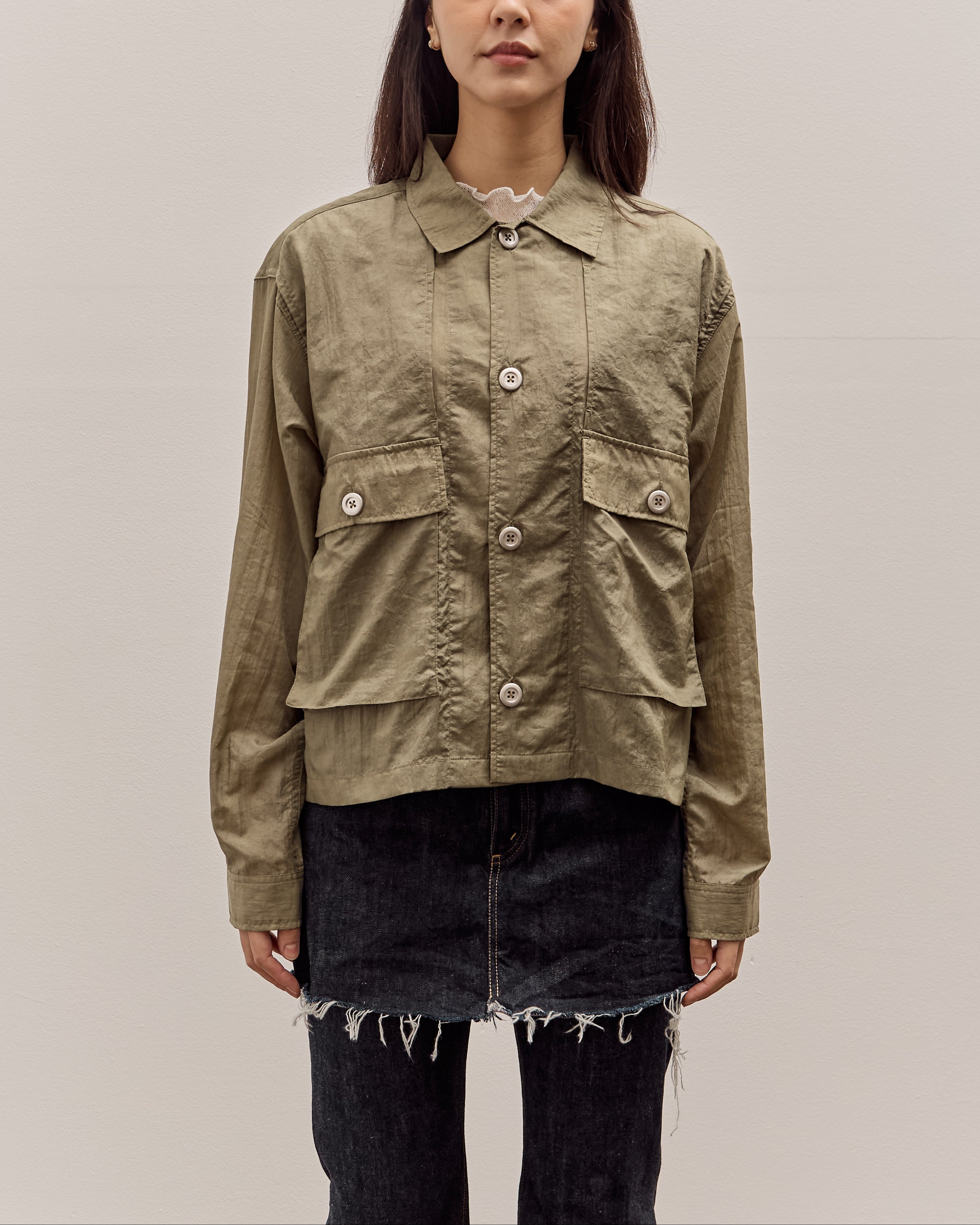 Brain Dead Cropped Nylon Button Up Shirt, Army – Glasswing