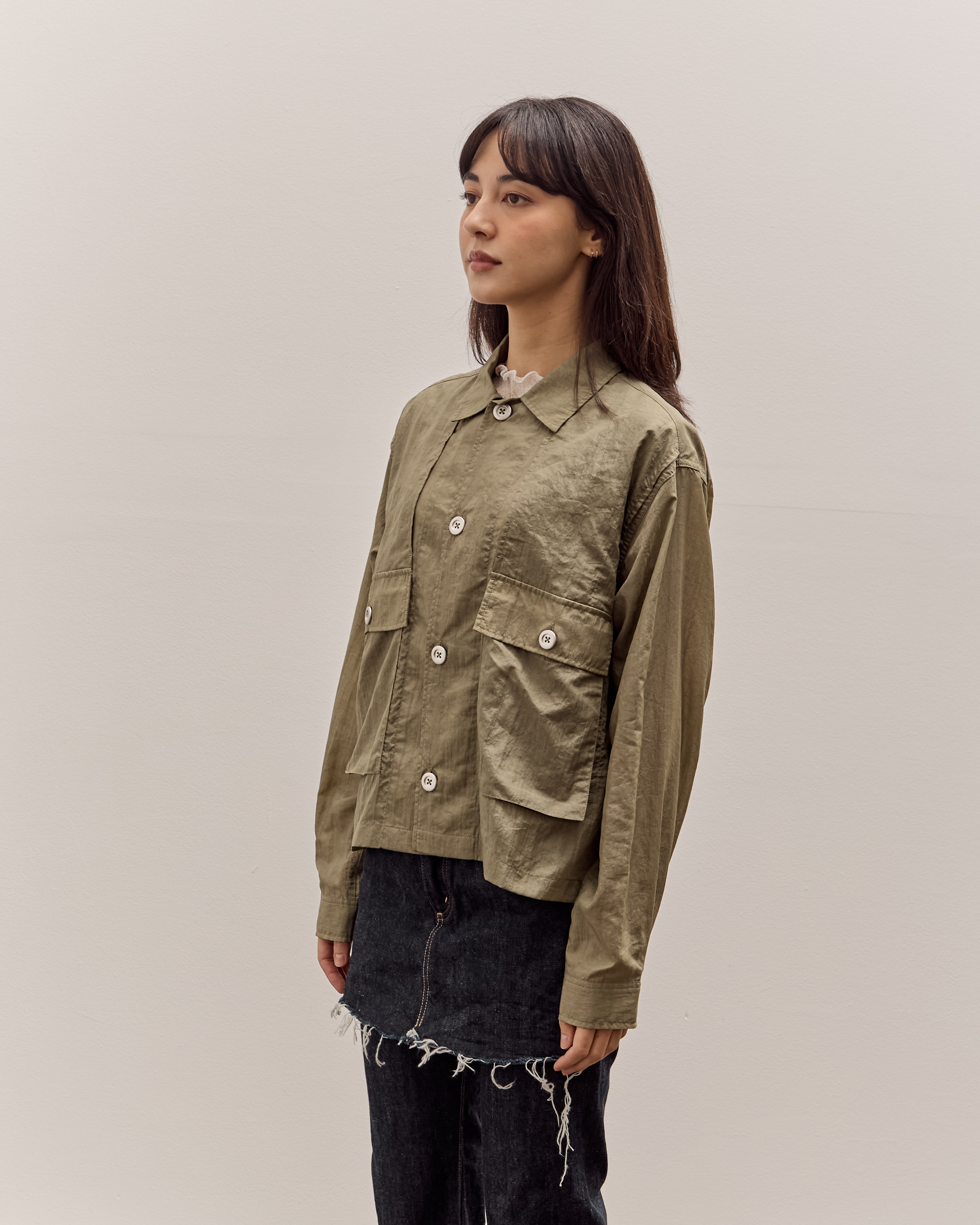 Brain Dead Cropped Nylon Button Up Shirt, Army – Glasswing