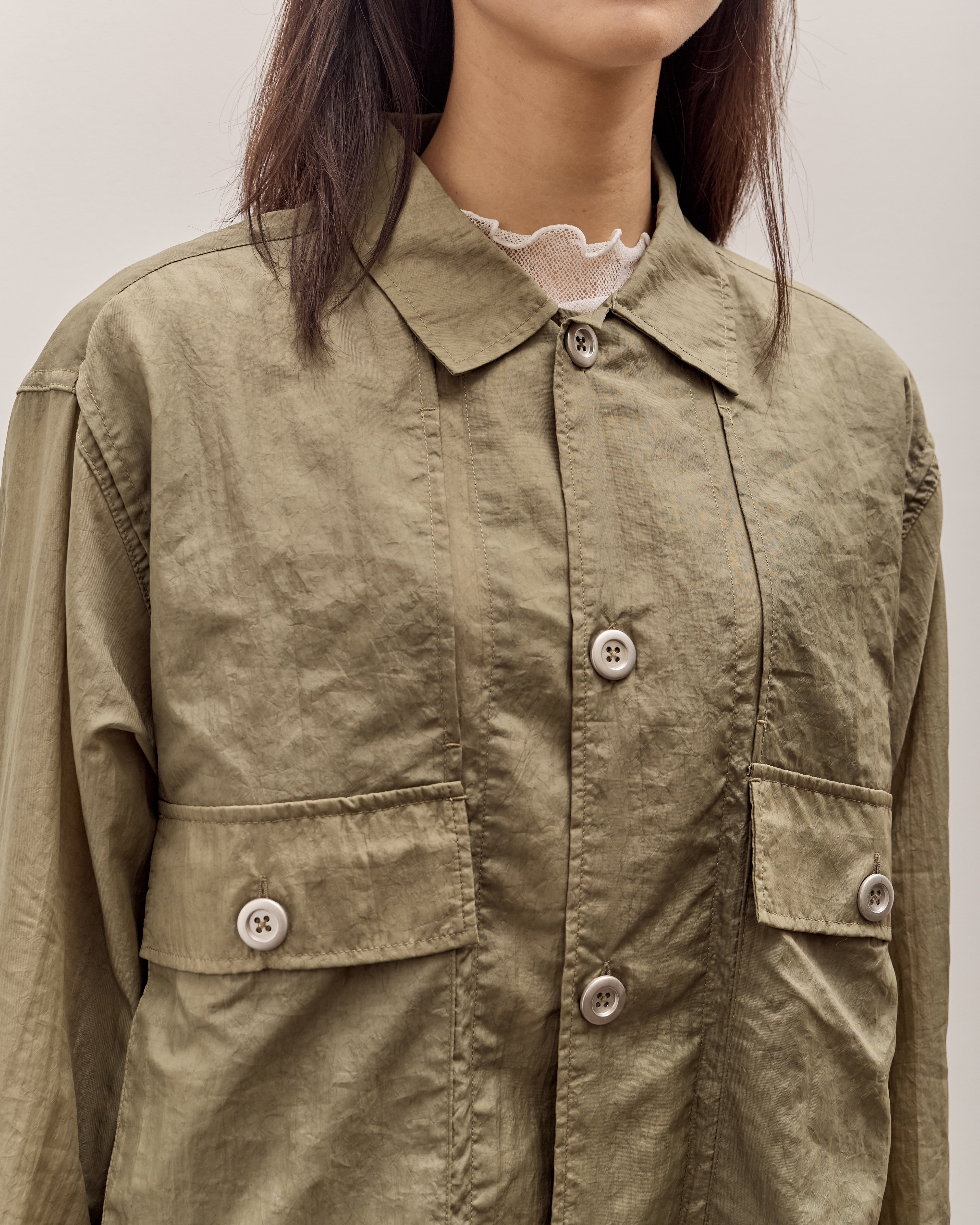 Brain Dead Cropped Nylon Button Up Shirt, Army – Glasswing