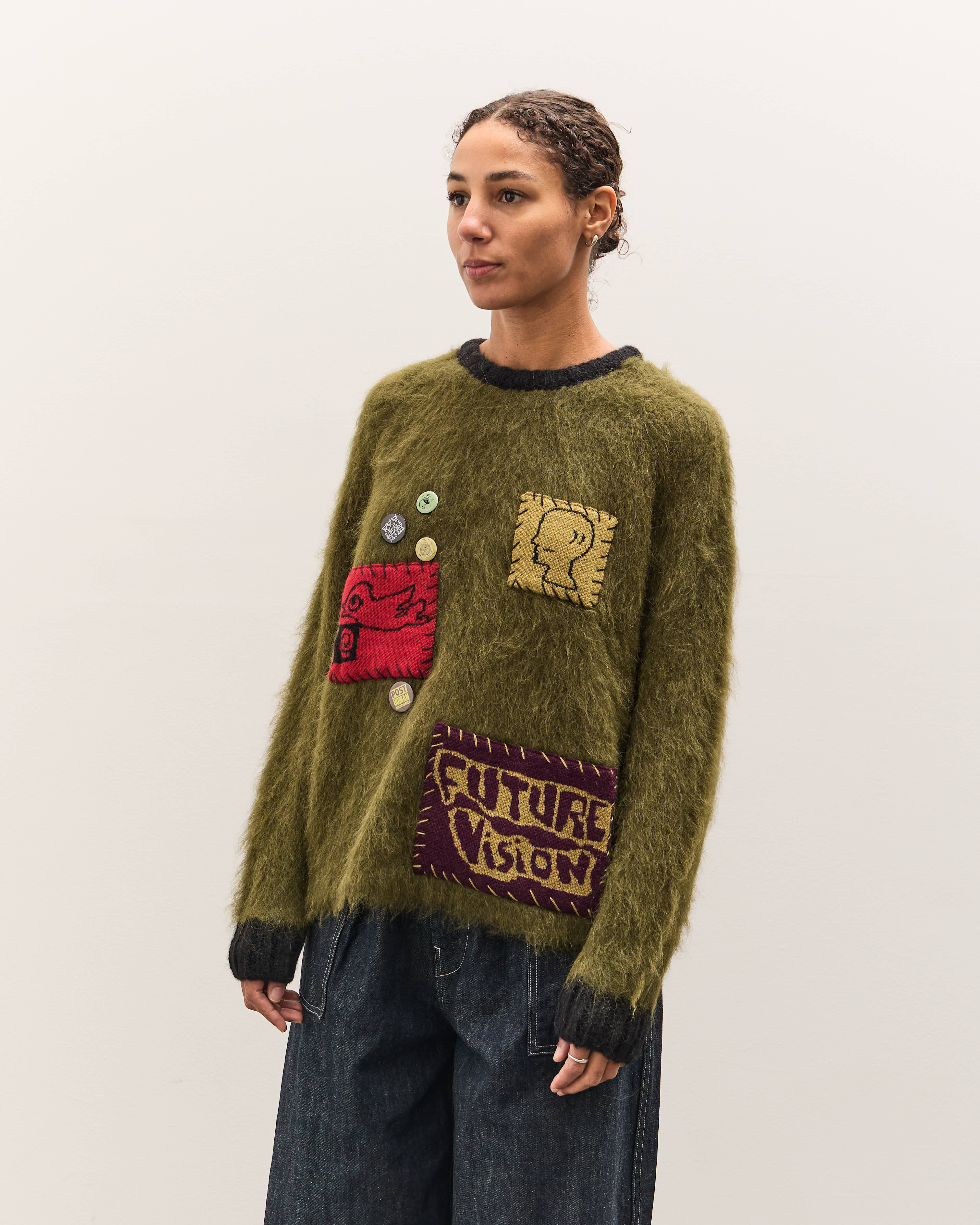 Brain Dead Future Vision Boxy Knit Sweater, Olive – Glasswing
