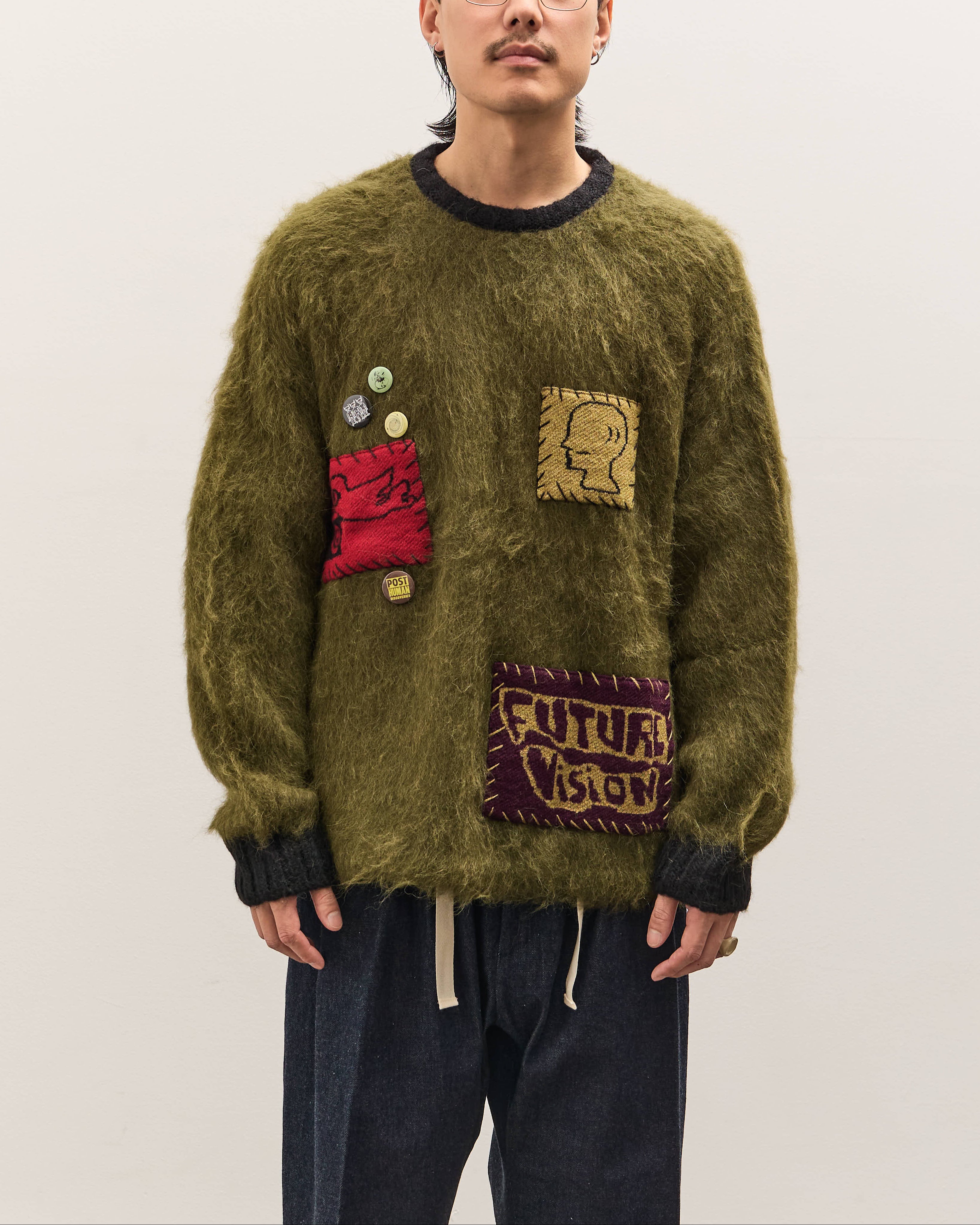 Brain Dead Future Vision Boxy Knit Sweater Unisex, Olive – Glasswing