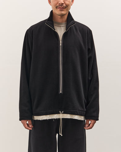 Person wearing a black half-zip sweatshirt on a plain background