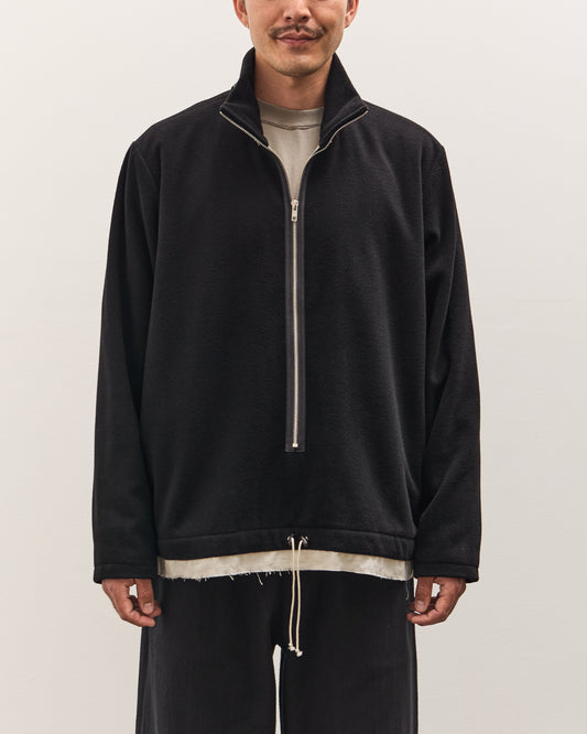 Person wearing a black half-zip sweatshirt on a plain background