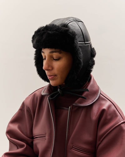 Cawley Leather Back Sheepskin Trapper Hat, Black